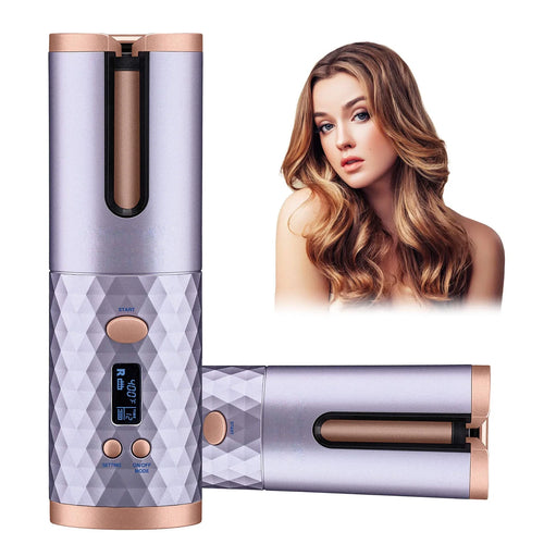 Portable Automatic Hair Curler, Ceramic Rotating Wireless Auto Curling Iron Wand,  Portable USB Rechargeable Spin Curler for Hair Styling (Purple)